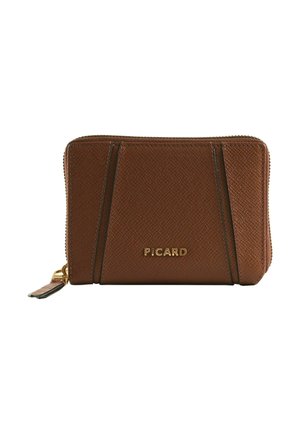 Portefeuille zippé en cuir marron texturé avec logo doré « PICARD » et tirette en cuir assortie.