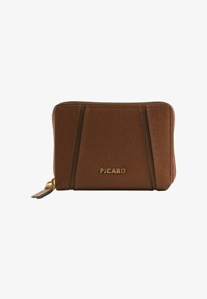 Portefeuille zippé en cuir marron texturé avec logo doré « PICARD » et tirette en cuir assortie.