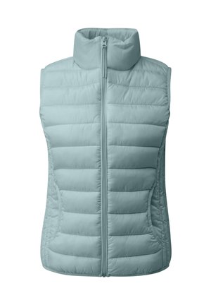 Hellblaue gesteppte Weste mit hohem Kragen, Reißverschluss vorne und Seitentaschen. Verfügt über eine gesteppte Textur und eine glatte Stoffoberfläche.