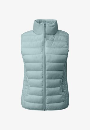 Hellblaue gesteppte Weste mit hohem Kragen, Reißverschluss vorne und Seitentaschen. Verfügt über eine gesteppte Textur und eine glatte Stoffoberfläche.