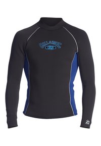 Black wetsuit top with long sleeves, featuring blue side panels and stitched accents. Billabong logo on the chest in textured blue.