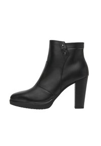 Bottines noires en cuir lisse. Présentent un haut talon bloc, une fermeture éclair sur le côté et des détails de couture subtils le long des bords.