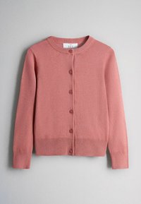 Cardigan long en tricot rose à manches longues avec encolure ronde et six boutons assortis sur le devant, présenté à plat sur un fond gris.