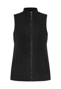 Gilet in pile nero con colletto alto, zip frontale completa e senza maniche. Presenta una texture liscia e una leggera sartorialità sui lati.