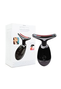 StylPro Fabulous Firmer, czarny i metaliczny przyrząd do wygładzania szyi i twarzy, posiada głowicę w kształcie litery T z diodami LED oraz przyciskami sterującymi na uchwycie.