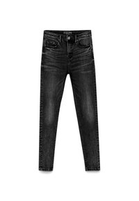 Černé skinny džíny z denimu s vybledlou texturou, designem se pěti kapsami, poutky na opasek a zipovým zapínáním s knoflíkem.