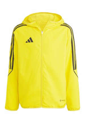 Gelbe Jacke mit Reißverschluss und Kapuze, schwarzer Akzentstreifen und Logo. Hergestellt aus glattem Stoff, verfügt sie über ein Netzfutter und ein dezentes Markenlogo.