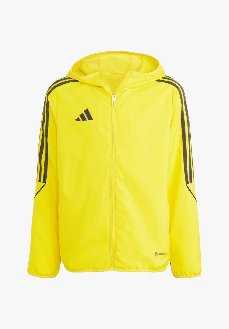 Gelbe Jacke mit Reißverschluss und Kapuze, schwarzer Akzentstreifen und Logo. Hergestellt aus glattem Stoff, verfügt sie über ein Netzfutter und ein dezentes Markenlogo.