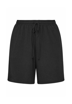 Czarne szorty z teksturowanej tkaniny z elastycznym pasem i przednim sznurkiem, do kolan, o luźnym kroju.