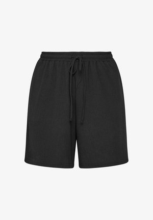 Sorte teksturerede stofshorts med elastisk talje og snøre foran, knælange med en afslappet pasform.