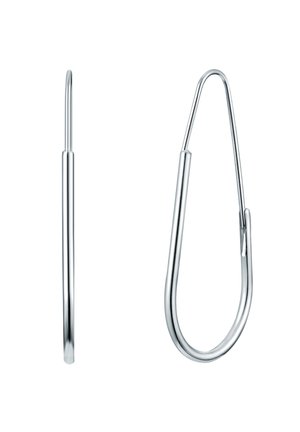 Silberne Creolen mit einem eleganten, elongated Design und einer glatten Oberfläche sowie einem einfachen Hakenverschluss. Dünne, leichte Konstruktion.