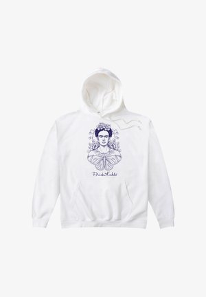 Weißer Hoodie mit einem blauen Grafiken von Frida Kahlo, umgeben von Blumen und einem Schmetterling. Mit Kängurutasche und Kordelzugkapuze.