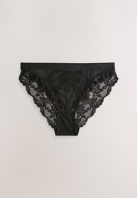 Ropa interior tipo bikini de encaje negro con patrones florales y una pretina sólida, mostrada sobre un fondo neutro.
