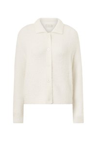 Witte, gestructureerde cardigan met een kraag en knopen aan de voorkant, voorzien van lange mouwen en een zachte, pluizige stof.