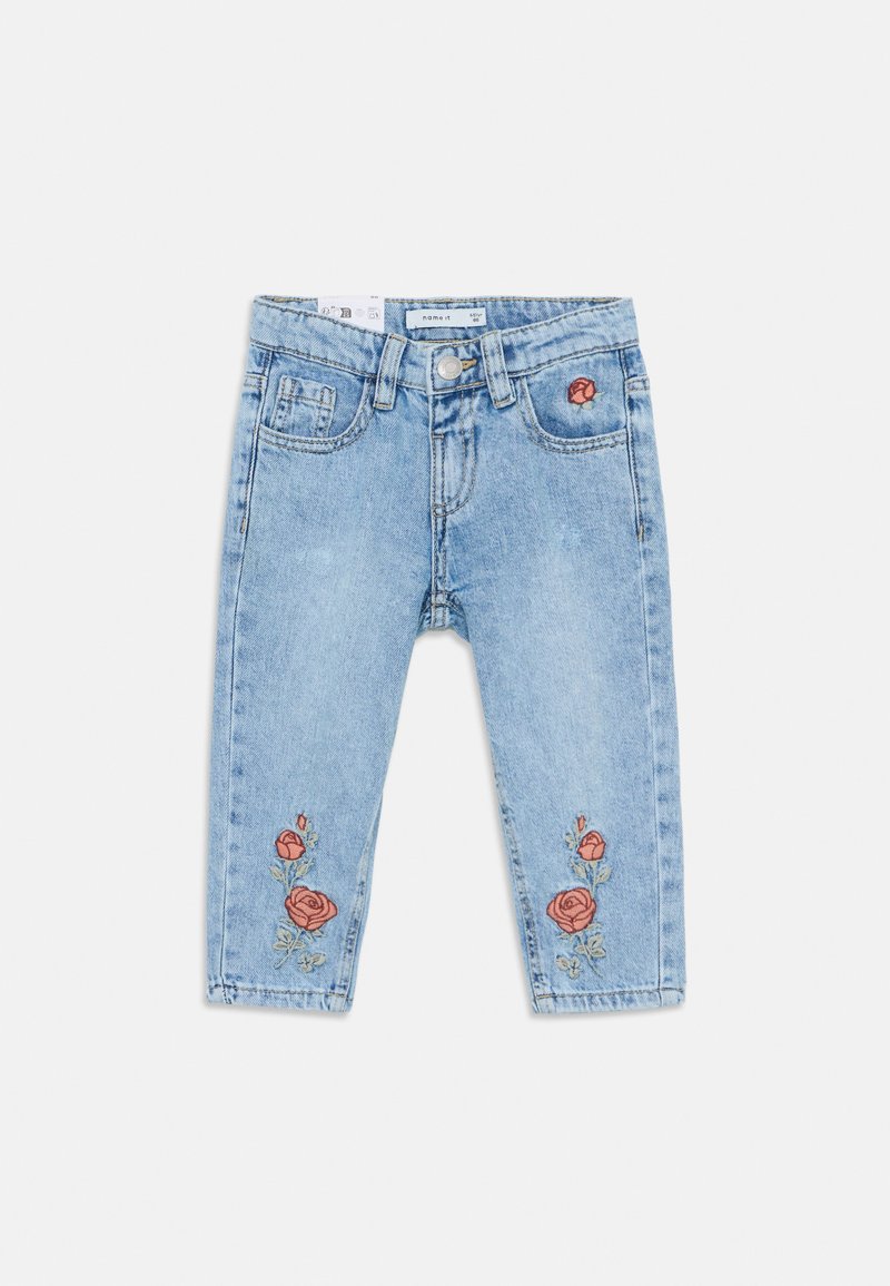 Light blue toddler jeans with embroidered pink roses on front thighs and pocket, featuring button and belt loops.