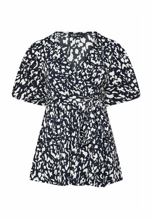 Navyblauw T-shirt met korte mouwen, voorzien van een wit abstracte print, een wikkeldesign, geplisseerde textuur en een strikdetail in de taille, gemaakt van lichtgewicht stof.