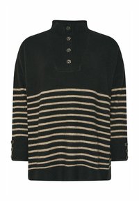 Svart och krämrandig stickad tröja med hög krage, fyra knappslå och knappdetaljer på ärmarna.