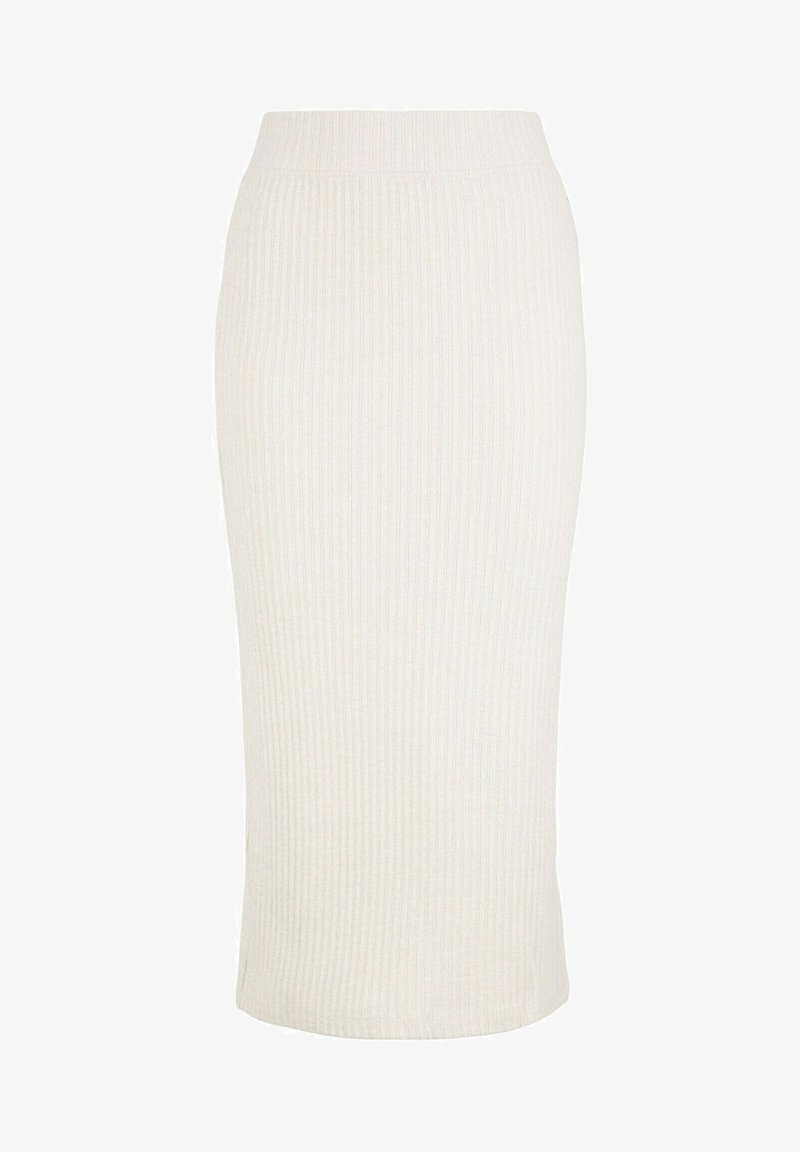 Jupe crayon en maille côtelée ivoire avec une taille haute et une silhouette slim ajustée s'étendant sous le genou.