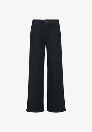 Weite, dunkelblaue Jeans aus Denim mit Knopfverschluss, geradem Schnitt und sauberem Saumabschluss. Keine sichtbaren Taschen oder Verzierungen.