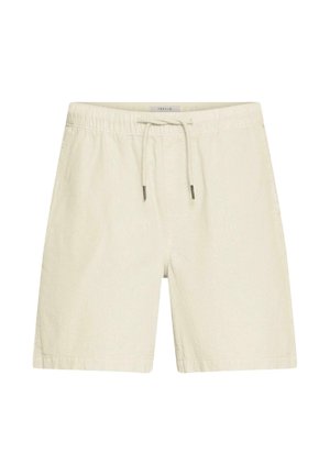 Beige bomuldsshorts med elastisk talje og snøre, knælange, ensfarvet design, velegnet til afslappet brug.