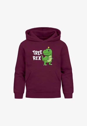Bordeauxroter Hoodie mit einer Fronttasche und einem grünen Dinosaurier-Motiv, der Weihnachtslichter trägt. Der Text lautet "TREE REX" in fetten, weißen Buchstaben.