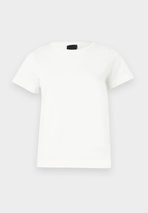 Enkelt hvid T-shirt med korte ærmer og rund hals, vist på en lysegrå baggrund.