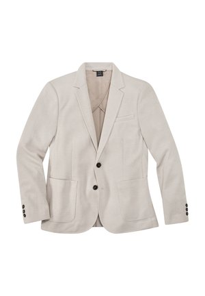 Light beige men's blazer with two black buttons, notch lapels, two front patch pockets, chest pocket, and buttoned cuffs, laid flat.