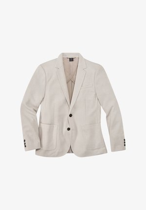 Light beige men's blazer with two black buttons, notch lapels, two front patch pockets, chest pocket, and buttoned cuffs, laid flat.