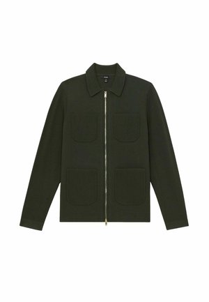 Tmavě zelená bunda se zipovým zapínáním, klasickým límcem a dvěma předními kapsami. Texturovaná tkanina s žebrovanými detaily.