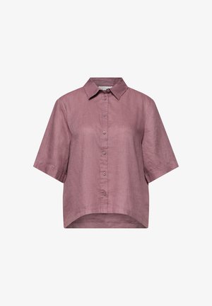 Koszula z krótkim rękawem w kolorze przybrudzonego różu, z guzikami, kołnierzykiem w szpic i lekko zaokrąglonym dołem, wykonana z lekkiego lnu.