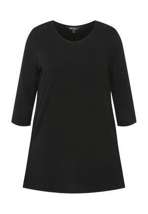 Zwarte, ronde hals, 3/4 mouw top van gladde stof, met een lose pasvorm en een licht uitlopende zoom. Geen zichtbare patronen of accenten.