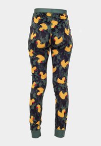 Camo-patterned leggings featuring yellow rubber ducks with red beaks, made of stretch fabric with a green waistband and ankle cuffs.