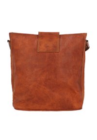 Brun läderväska med en strukturerad design, rektangulär form och ett dekorativt lock. Ytan har en slät, naturlig textur.