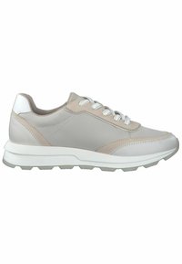 Lightweight sneaker in beige and gray leather with white accents. Features a lace-up closure and textured rubber sole.