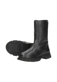 Zwarte leren enkellaarsjes met een gestructureerde afwerking, platte rubberen zool en ronde neus. Voorzien van een trekband voor gemakkelijk aan- en uittrekken.