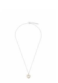 Silver chain necklace featuring a heart-shaped pendant with a rose gold outline and a clear center stone. Simple design, adjustable length.