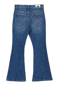 Jeans in denim blu con vita a zampa, dal classico design a cinque tasche, con dettagli di cucitura e chiusura con zip. Tessuto texturizzato e di lavaggio medio.