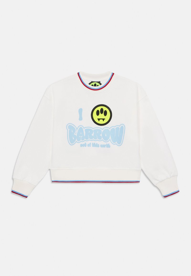 White cropped sweatshirt with multicolored collar and cuffs, featuring a large black and yellow graphic face logo and blue text "I BARROW."