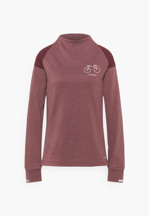 Chemise de sport mauve à manches longues avec des panneaux d'épaule plus foncés, col montant, trous pour les pouces et un petit graphique blanc de vélo sur la poitrine.