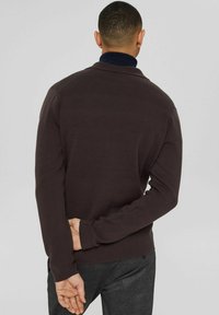 Dunkelbrauner langärmeliger Pullover mit gerippter Textur, der einen kragenartigen Hals und eine taillierte Silhouette aufweist, von hinten betrachtet.
