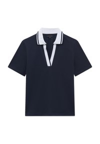 Granatowa koszulka polo z białym kołnierzykiem i wykończeniami, z klapką z przodu i krótkimi rękawami. Wykonana z gładkiego materiału w jednolitym kolorze.