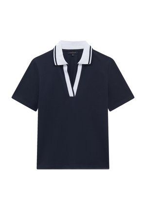 Polo shirt blu navy con colletto e rifiniture bianche, caratterizzato da un design con placket e maniche corte. Realizzato in tessuto morbido e con un colore uniforme.