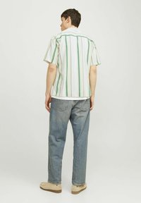 Camicia a maniche corte con righe verticali verdi e bianche, realizzata in tessuto leggero; abbinata a jeans blu larghi e scarpe beige.