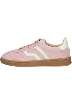 Pink suede sneaker with white stripes, padded collar, and textured gum sole. Features classic lace-up design and cushioned insole.