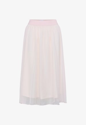 En lys pink, knælang nederdel med elastisk talje og let plisseret stof, med et gennemskinneligt overlay.