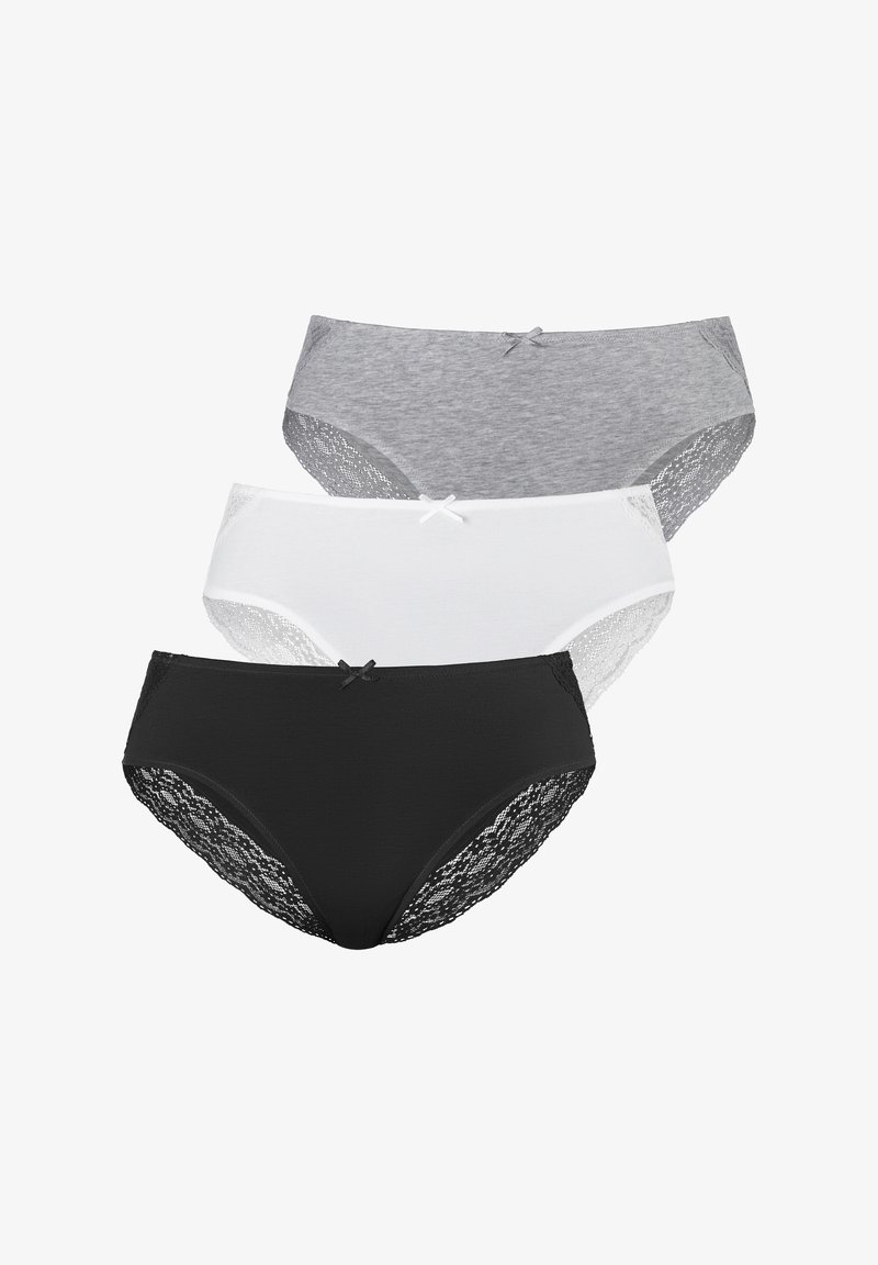 Lot de trois culottes pour femmes en gris, blanc et noir. Présente des accents en dentelle et des détails de nœud à l'avant. Matière en mélange de coton.
