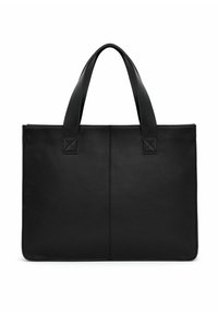Czarna skórzana torba tote z dwiema przeszytymi uchwytami, prostokątny kształt, gładka faktura i minimalistyczny design. Brak widocznych akcesoriów czy wzorów.
