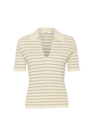 Pull en maille à manches courtes, couleur crème avec des rayures horizontales grises. Présente un col en V et un ourlet festonné, avec un col classique.