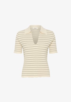 Pull en maille à manches courtes, couleur crème avec des rayures horizontales grises. Présente un col en V et un ourlet festonné, avec un col classique.