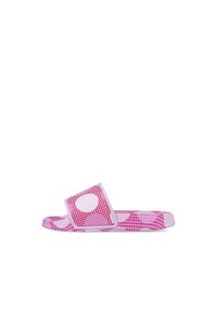 Sandalia de dedo rosa con patrón, con una parte superior texturizada, que presenta un destacado acento circular blanco en la correa y un diseño de suela curvada.